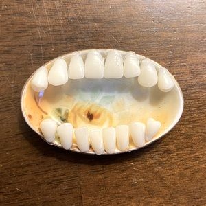 Oddity art: toothy trinket dish, tiny ashtray, salt cellar